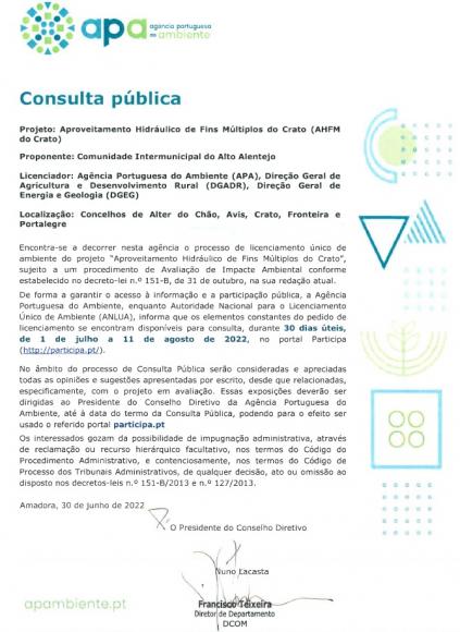 CONSULTA PÚBLICA - AGÊNCIA PORTUGUESA DO AMBIENTE (APA) CONSULTA PÚBLICA - AGÊNCIA PORTUGUESA DO AMBIENTE (APA)