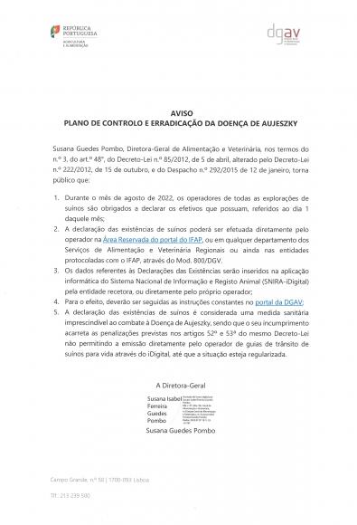 AVISO | PLANO DE CONTROLO E ERRADICAÇÃO DA DOENÇA DE AUJESZKY AVISO | PLANO DE CONTROLO E ERRADICAÇÃO DA DOENÇA DE AUJESZKY