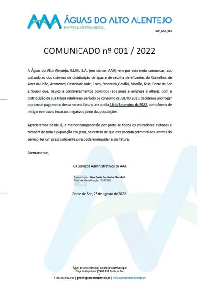 COMUNICADO Nº 001/2022