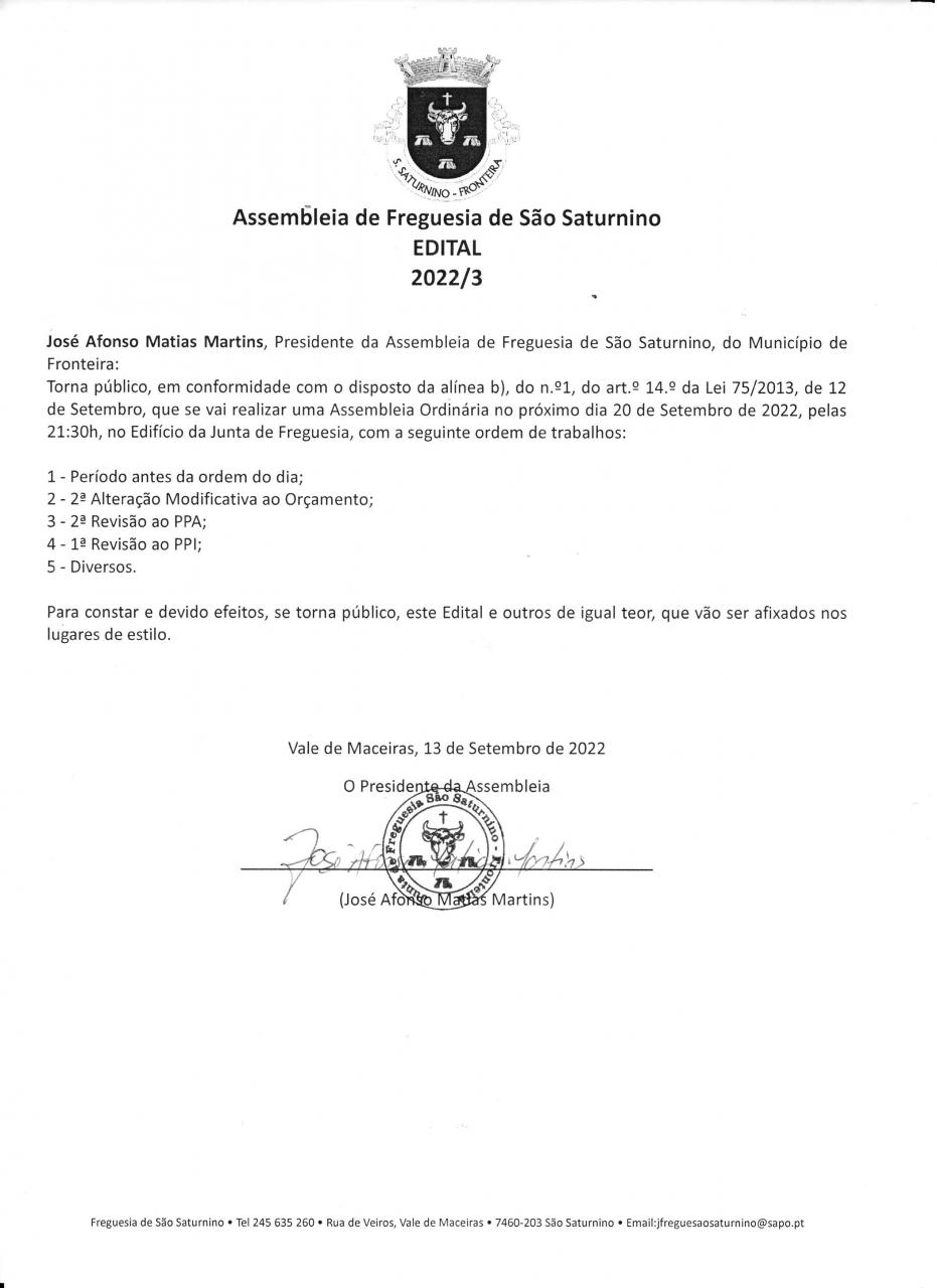  Assembleia de Freguesia de São Saturnino - Edital 2022/3