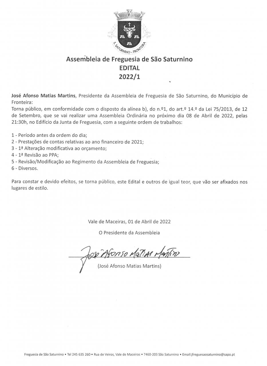 Assembleia de Freguesia de São Saturnino - Edital 2022/01